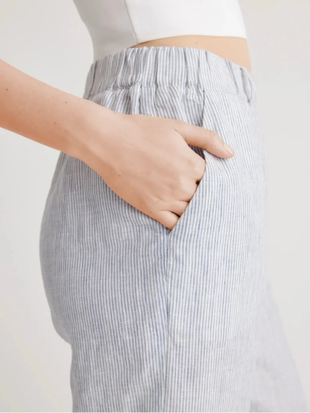 Quince 100% European Linen Pants Blue Pinstripe Large Breathable Lightweight NWT